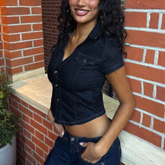 Denim Button Up Collar Crop Top
