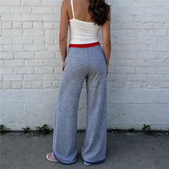 Blue Striped Wide Leg Red Drawstring Waist Lounge Pants