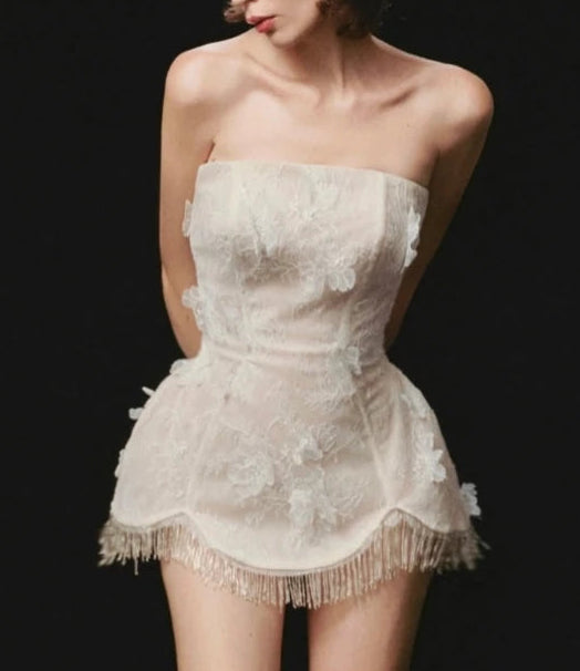 Beaded Tassel Hem Lace 3D Applique Strapless Mini Dress