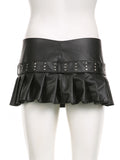 Black Pleated Belted Slit Micro Mini Skirt