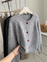 Deep Grey Wool Knitted Heart Buttoned Cardigan