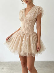 Sequin Tulle V-neck Mini Dress