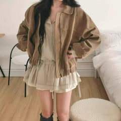 Suede Turn-down Collar Zipper Motorcycle Jacket