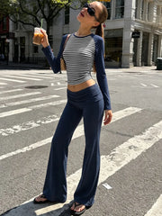 Blue Striped Long Sleeve Crop Top And Low Waist Flared Pants Set