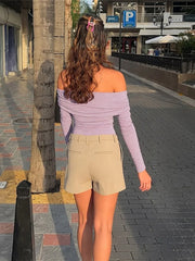 Purple Rhinestones Ruched Slash Neck Full Sleeve Top