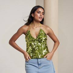 Sequin Green Halter Neck Open Back Tank Top