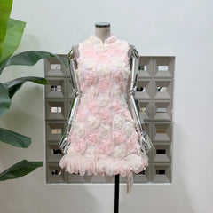 Stand Collar Embroidery 3D Floral Mini Dress
