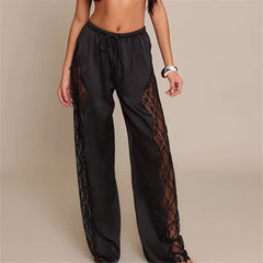 Satin Wide Leg Lace Patchwork Drawstring Pants