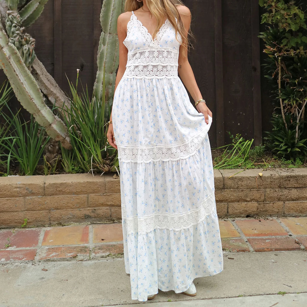 White Printed Lace Patchwork Maxi Dress Blue / L