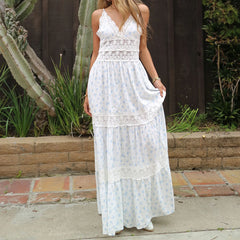 White Printed Lace Patchwork Maxi Dress
