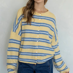 Striped Button Up Long Sleeve Crew Neck Sweater