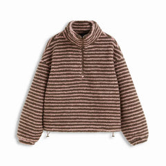 Half Zip Striped Stand Collar Fuzzy Sweatshirt