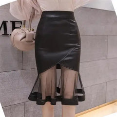 Black Faux Leather Mesh Frill Patchwork Pencil Midi Skirt Free From Label