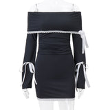 Black Long Sleeve Off-shoulder Bow Mini Dress