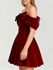 Bowknot Velvet  Slash Neck Mini Dress