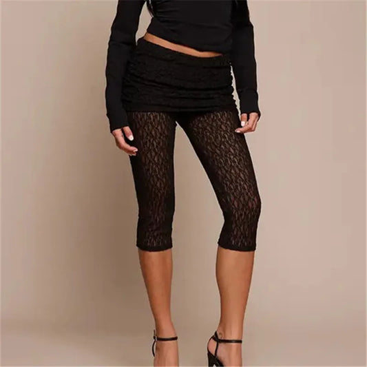 See-Through Lace Ruched Waist Capri Pants