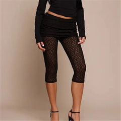 See-Through Lace Ruched Waist Capri Pants