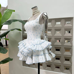 Floral Printed Sleeveless Frill Layred Bloomer Mini Dress