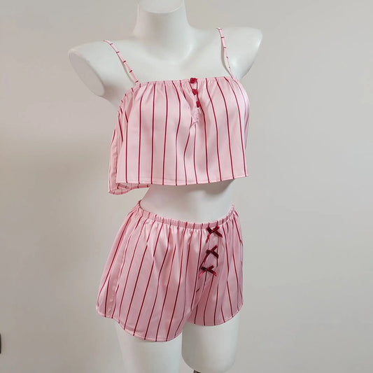 Pink Striped Satin Crop Top And Shorts Loungewear Set