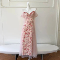 Pink Floral Off-the-Shoulder Mesh Drape Midi Dress