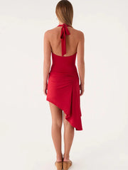 Halter U Neck Side Ruched High Split Mini Dress
