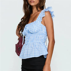 Gingham Smocked Waist Tie Back Peplum Top