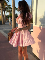 Deep Neck Puff Sleeve Mini Dress