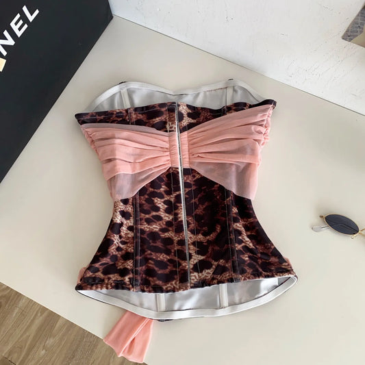 Leopard Print Pink Draped Corset Top