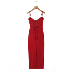 Red Corset Lace Up Strap Midi Bodycon Dress