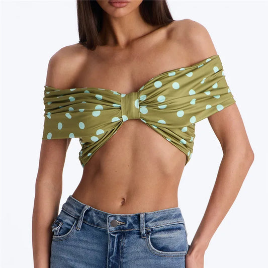 Polka Dot Off The Shoulder Front Twist Knot Bandeau Top