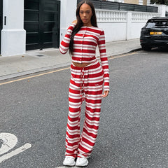 Striped Crew Neck Long Sleeve Button Up Top and Pants Set