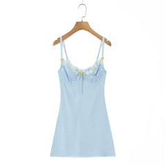 Blue Embroidery Lace Strap Babydoll Mini Dress