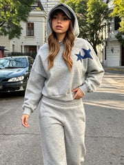 Grey Blue Star Print Hoodie