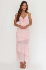 Spaghetti Strap 3D Rose V Neck Ruffle Maxi Dress