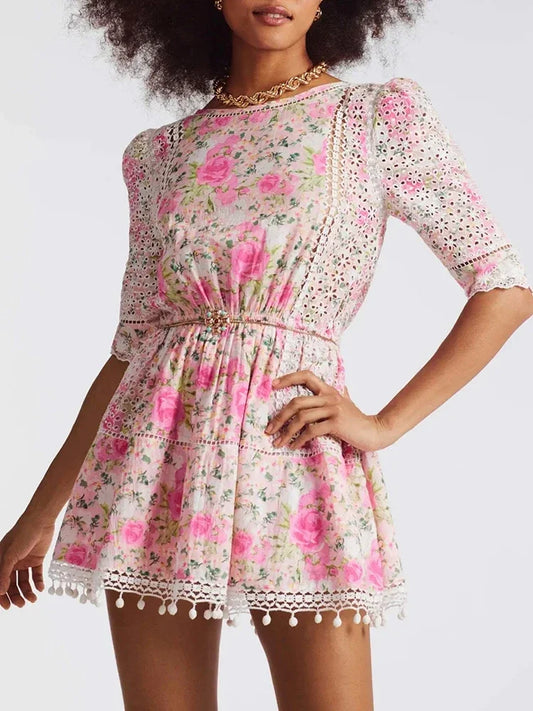 Pink Floral Quarter Sleeve Mini Dress