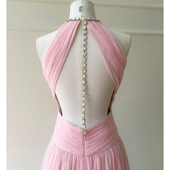 Pink Pleated High Neck Rhinestone Chain Open Back Maxi Dress