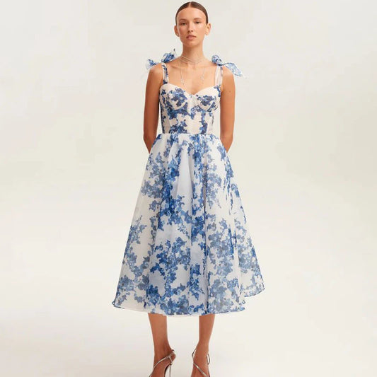 Floral Print Tie Up Buster Flare Mesh Midi Dress