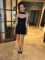 Polka Dot Ruched Mini Dress With Scarf