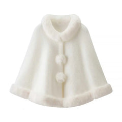 White Faux Fur Pom Pom Button Cape Shawl