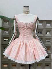 Striped Lace Trim Boned Bodice Flared Mini Dress
