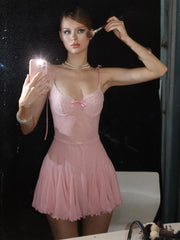 Pink Pleated Lace Tie Up Mini Dress