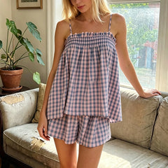 Gingham Babydoll Cami Tops And Wide Leg Shorts Set