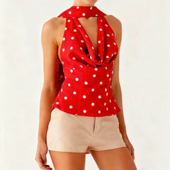 Polka Dot Print Cowl Tank Top with Scarf