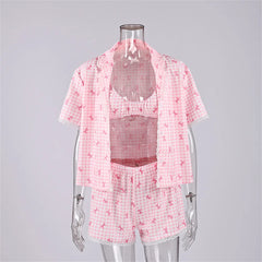 Pink Plaid Bow Three Piece Shirt Bralette And Shorts Pajama Set