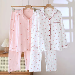 Cotton Cherry Print  Long-sleeved Shirt And Pants Loungewear Set