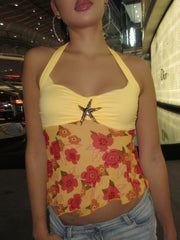 Yellow Patchwork Flower Print Top