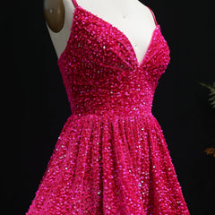 Pink V Neck Spaghetti Straps Sequined A-line Mini Dress