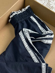 Blue Lace Side Patchwork Wide Leg Joggers