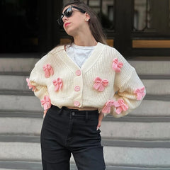 White Short Pink Bow Cardigan