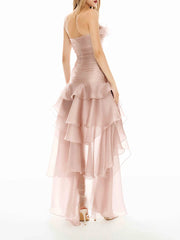 Strapless Mesh Ruffles Fringe Midi Dress